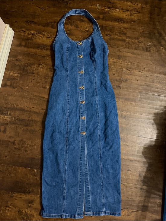 Dresses & Skirts - Button-Front Denim Halter Midi Dress - Blue